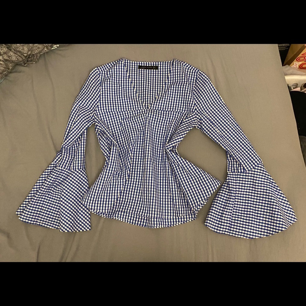 Zara Blue Gingham Shirt with Flared Sleeve Size XS - Picture 2 of 6
